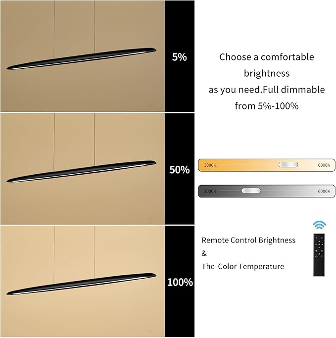 59inch Integrated Led Pendant Light 40w Dimmable Wood Black Linear Pendant Lighting Led Modern Island Light with Black Finish for Living Room Dining Room Billiard & Pool Lights - Aura Lighting