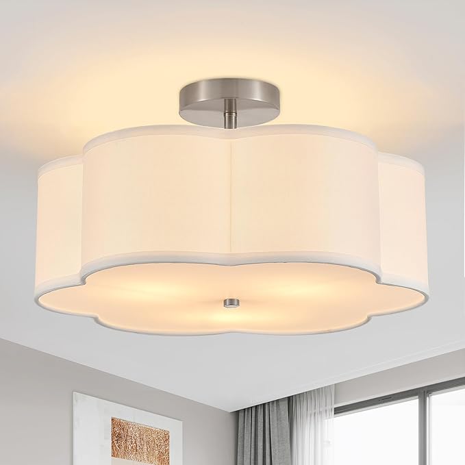 18" Modern Semi Flush Mount Ceiling Light Modern 3-Lights Linen Drum Ceiling Lighting with Chrome Finish, Vintage Ceiling Light for Living Room, Kitchen, Basement, Laundry Room, Bedroom - Aura Lighting