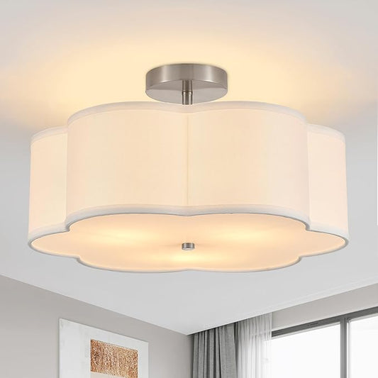 18" Modern Semi Flush Mount Ceiling Light Modern 3-Lights Linen Drum Ceiling Lighting with Chrome Finish, Vintage Ceiling Light for Living Room, Kitchen, Basement, Laundry Room, Bedroom - Aura Lighting