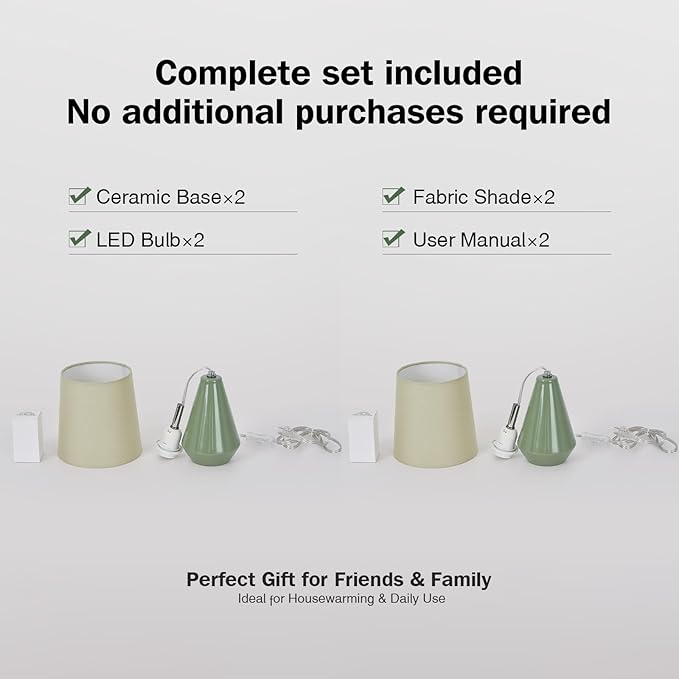 Small Bedside Table Lamp for Bedroom-Reading Desk Lamp Set of 2,with 3 Color Temperatures,15.5" Nightstand Ceramic Lamp with Fabric Shade for Kids Room,Living Room,Dorm,Home Office (Green)