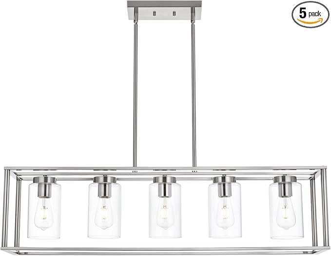VINLUZ Contemporary Chandeliers Brushed Nickel 5 Light Modern Dining Room Lighting Fixtures Hanging, Kitchen Island Linear Pendant Lights Farmhouse Flush Mount Ceiling Light with Glass Shade - Aura Lighting
