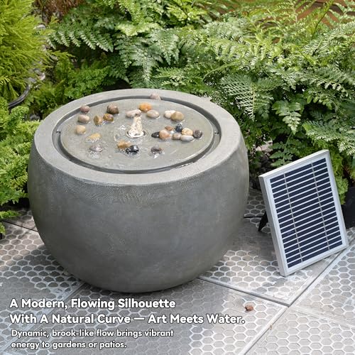 Solar Water Fountain Outdoor Garden Bubbler Water Feature Fountains Solar Powered with Pebbles for Patio Deck Yard Home Decor Gray