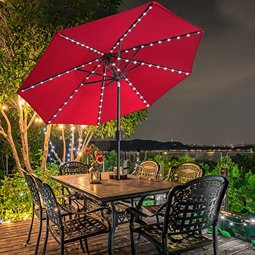 USA 10-Year-Non-Fading 9ft Market Patio Umbrella, Commercial Grade Table Sun Umbrella with 80 Solar LED Lights, Crank Open, Windproof & UPF 50+ UV Protection for Garden, Deck, Pool, Backyard, Logo Red