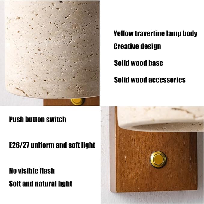Modern Wall Mounted Vanity Lights for Bedroom & Living Room, Wabi-Sabi Style Walnut & Travertine Sconces, E26 Fixtures for Indoor Reading & Hallway Decor
