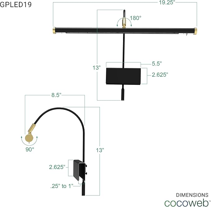 Cocoweb 19" Grand Piano Lamp - Adjustable, Black with Brass Accents, LED Clip-on with Dimmer - GPLED19D - Aura Lighting