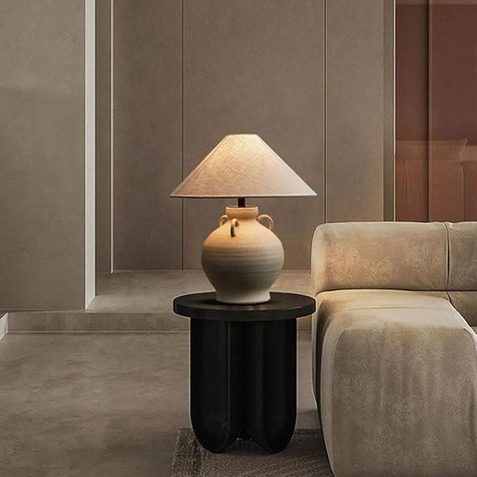 New Chinese Wabi-sabi Style Living Room Bed Bedside Desk Light Vintage Natural Fabric Ceramic Desk Lamp Club Villa Restaurant Coffee Shop Table Lamp Study Apartment Office Lighting Fixture