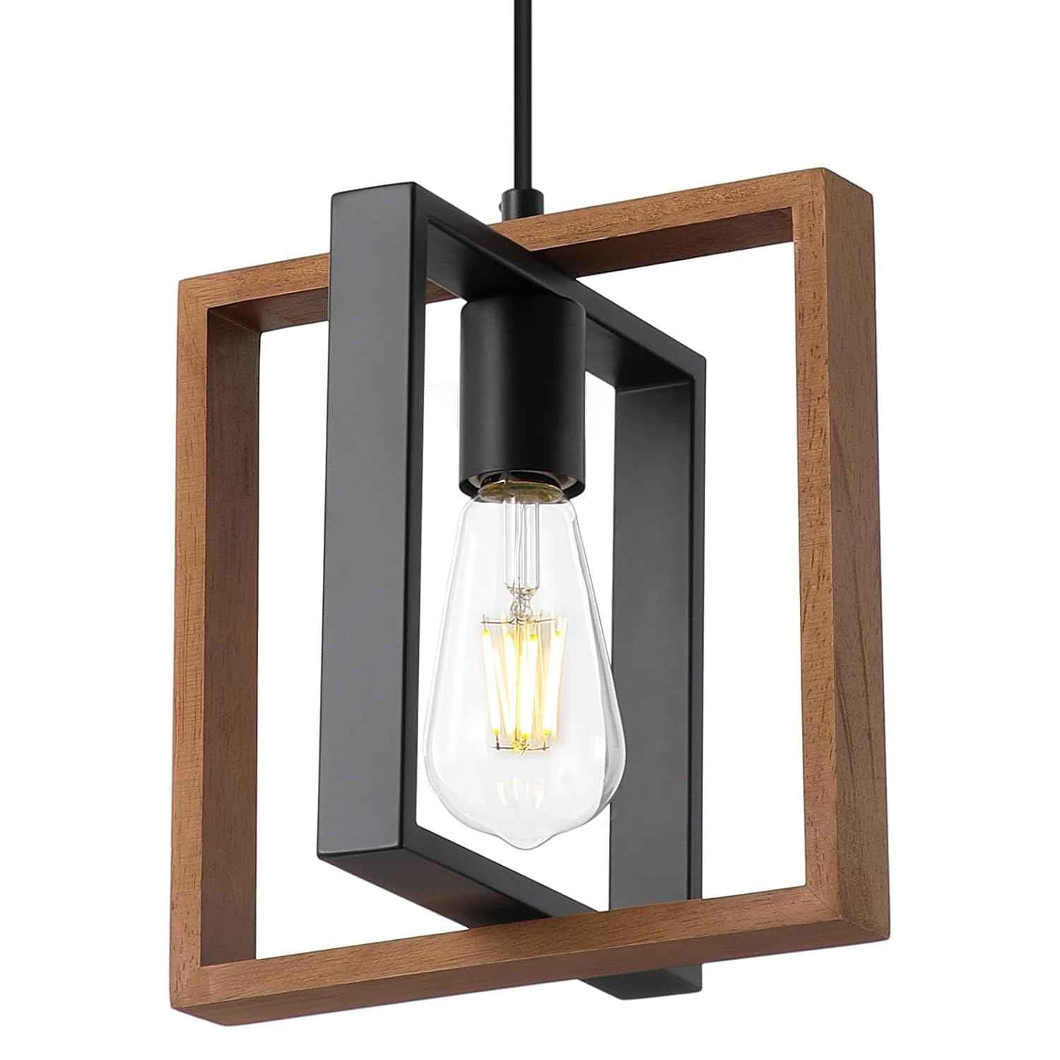 Industrial Small Pendant Lighting, Farmhouse Kitchen Island Hanging Lamp with Cord, Wood+Metal,1 Light E26 Fixture for Dining Room Bedroom Hallway Entryway,9.5 inch