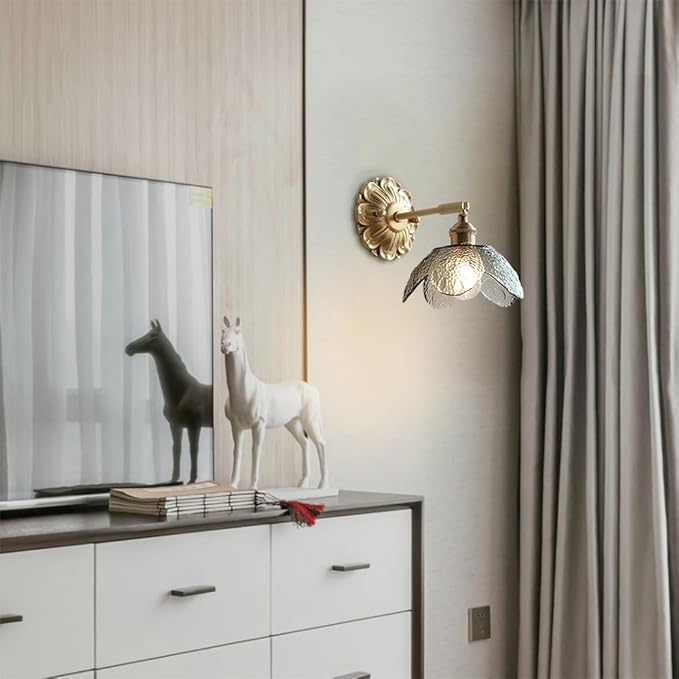 Modern Brass Wall Sconce Flower-Shaped Water Pattern Glass Wall Light Fixture Adjustable Bedside Wall Lamp, Japanese Style Wabi Sabi Polished Brass Wall Sconces for Bedroom Living Room