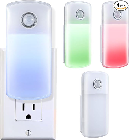 Enhon Emergency Power Failure Night Lights, 5-in-1 Multi Color LED Light, Rechargeable Flashlight with Foldable Plug, Automatic On Off Motion Sensor for Bedrooms, Hallways, Black Outs (4 Pack)