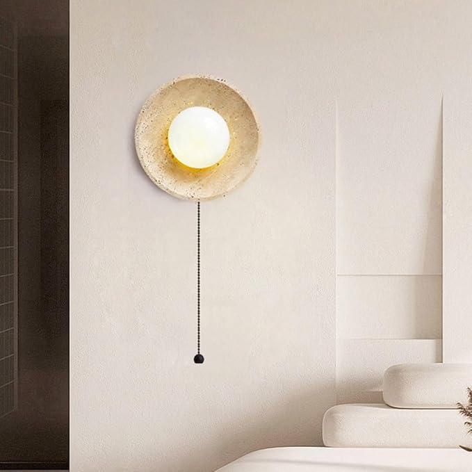 Japanese Wabi-Sabi Style Marble Wall Sconce, Retro Round Wall Light Yellow Travertine Indoor Wall Lamp, Natural Stone Wall Mounted Lamps with Pull Switch for Bedroom Living Room