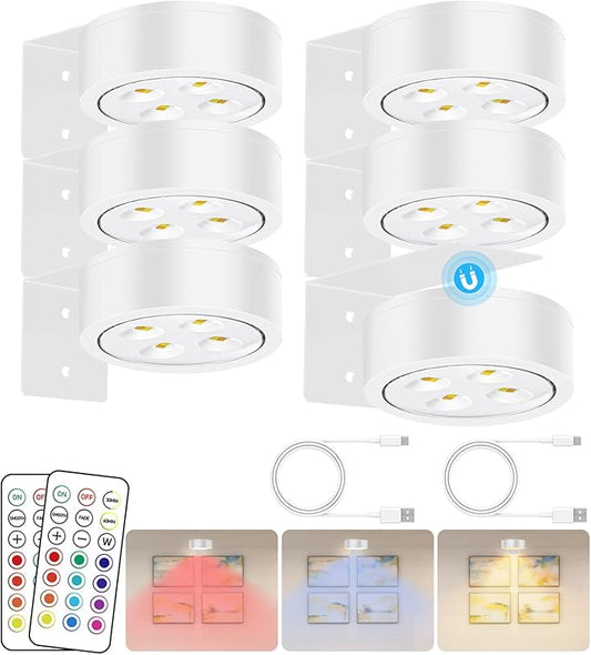 13 Color RGB Magnetic Led Art Display Light, Wireless Magnetic Picture Lights Rechargeable Battery-Powered Wall Frame Lights, Remote Control, and Timer 6Pack White