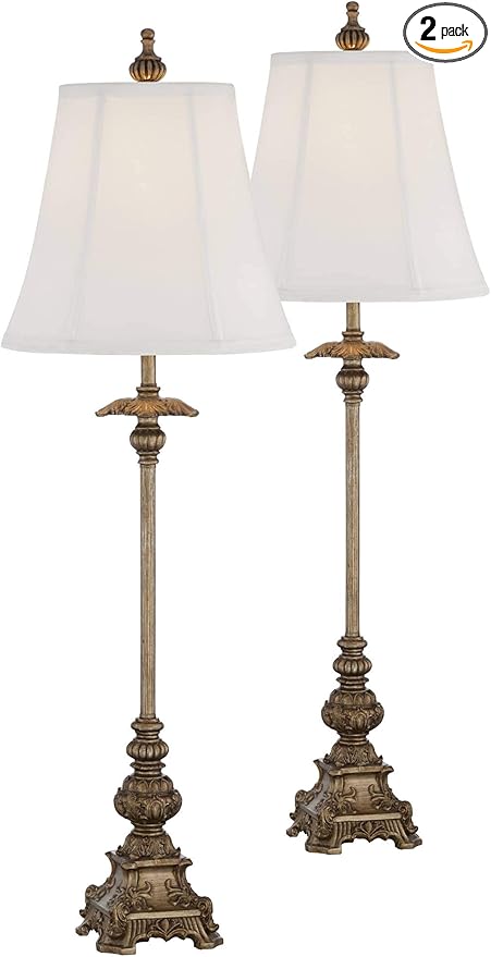 Regency Hill Juliette Traditional French Country Style Buffet Table Lamps 36.5" Tall Skinny Set of 2 Antique Gold Ornate Base White Fabric Bell Shade Decor for Living Room House Home Dining