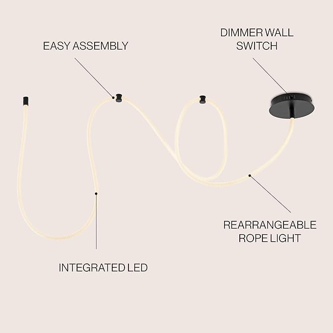 JONATHAN Y 55" Black Modern Minimalist Linear LED Flush Mount Light, 360° Adjustable Silicone Neon Rope, Dimmable Lamp for Bedroom, Living Room, Home Office (JYL7142B)