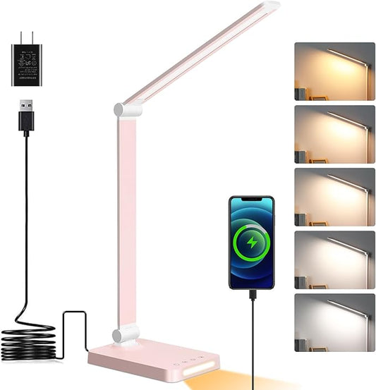 LED Desk Lamp with USB Ports,Touch Desk Lamps for Home Office with 5 Color Modes,3 Brightness Desk Light with Small Night Light,Reading Lamp Table Lamp for Bedroom Bedside Study Pink （with adapter） - Aura Lighting