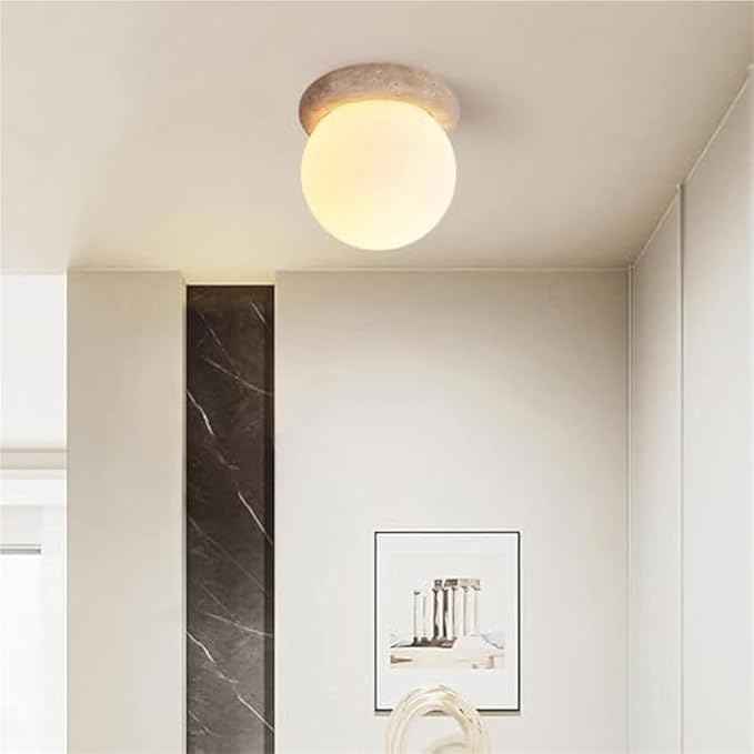 E26/E27Natural Yellow Travertine Semi Flush Mount Ceiling Light, 6-Inch Round Frosted Glass Globe, E26 Wabi-Sabi Japandi Style, Modern Minimalist Decor or Hallway, Entryway