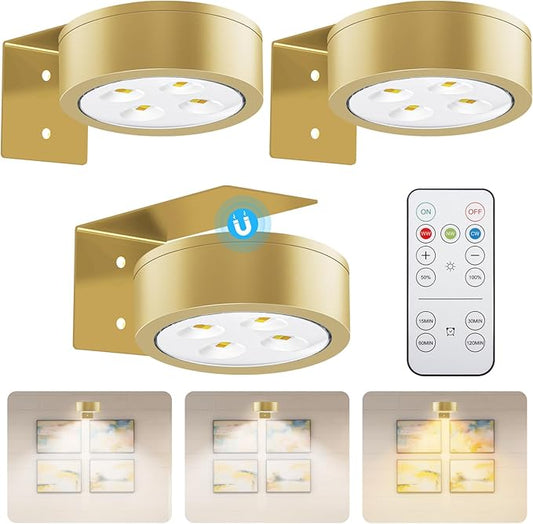 Wireless Battery Operated Painting Light with Remote Control,3 Lighting Modes Magnetic Led Art Display Light for Picture Frame, Dimmable and Timer, Wall Decor Display Light 3Pack Gold