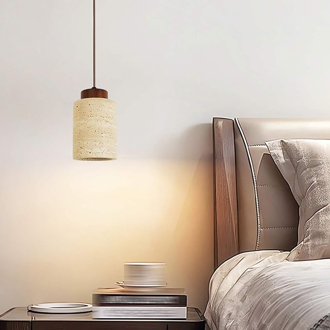 Wabi Sabi Yellow Cave Stone Pendant Light Natural Stone Shade Nordic Wood Chandelier,Japanese Style Lights Natural Stone Lamp For Dining Room Bedside Kitchen Island Hallway