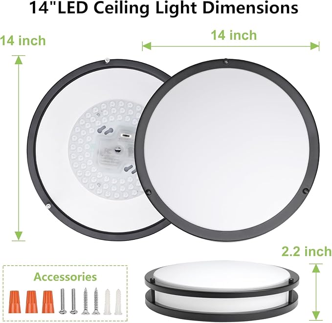 14 Inch Flush Mount Ceiling Light - 2 Pack 36W 3000K/3500K/4000K/5000K/6000K Dimmable Led Ceiling Light Fixture for Kitchen Hallway Bedroom Bathroom - Aura Lighting