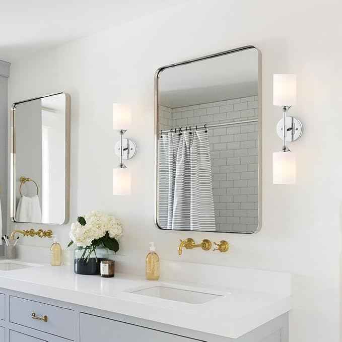 2-Lights Modern Wall Sconce White Cylinder Glass Shades Mid Century Bathroom Vanity Wall Light Fixtures Industrial Wall Lamp for Bedroom Mirror Living Room Restaurant(Chrome Color)
