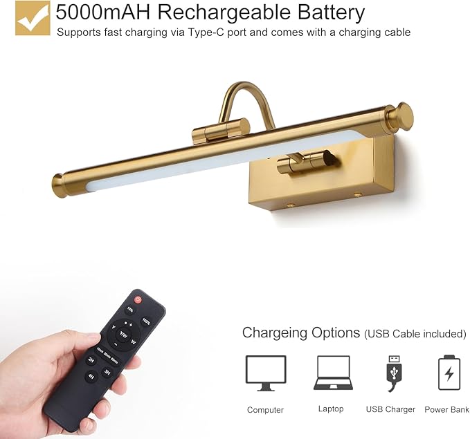 Wireless 15.7in Gold Brass Picture Light – Rechargeable LED Wall Art Lamp with Remote Control, Timer, Adjustable Arm, 3 Color Temperatures & Stepless Dimming, for Living Room and Gallery Lighting