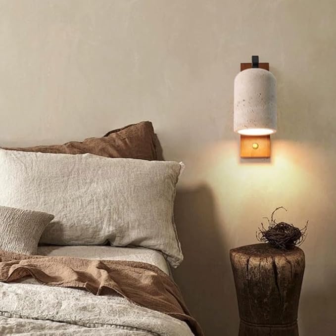 Modern Wall Mounted Vanity Lights for Bedroom & Living Room, Wabi-Sabi Style Walnut & Travertine Sconces, E26 Fixtures for Indoor Reading & Hallway Decor