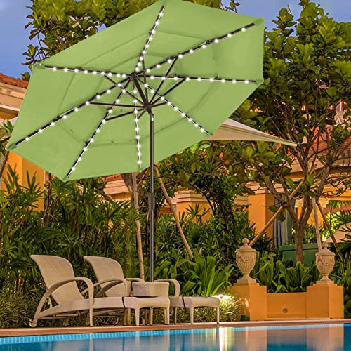 USA 10-Year-Non-Fading 9ft 3-Tier Market Patio Umbrella, Commercial Table Umbrella with 80 Solar LED Lights, Crank Open, Windproof & UPF 50+ UV Protection for Garden, Deck, Pool, Backyard, Macaw Green