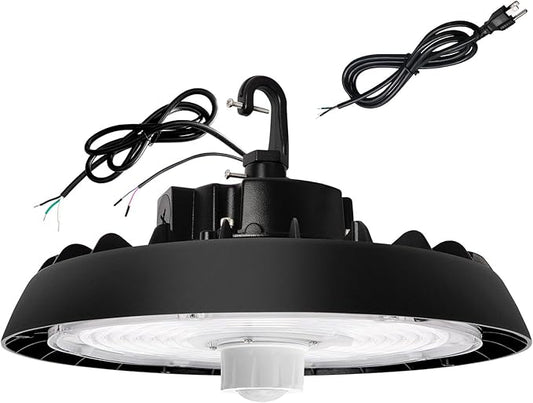 UFO Led High Bay Light with Motion Sensor, 150/200/240W, 21000/28000/33600lm, 2CCT 4000K/5000K, 0-10V Dimmable High Bay Led Shop Lights for Gym Factory Warehouse, Hook,6' Cable, UL&DLC