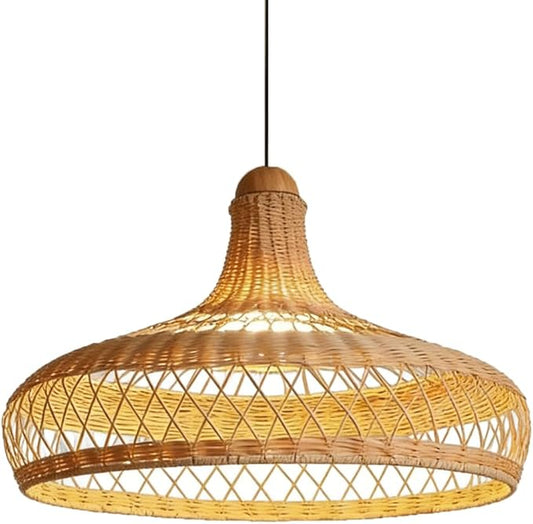 Rattan Wicker Pendant Light,Japanese Wabi-Sabi Vintage Bamboo Chandelier,Zen Natural Handwoven Hanging Lamp with Solid Wood Ceiling Plate,Living Room Fixture for Dining Room Bedside