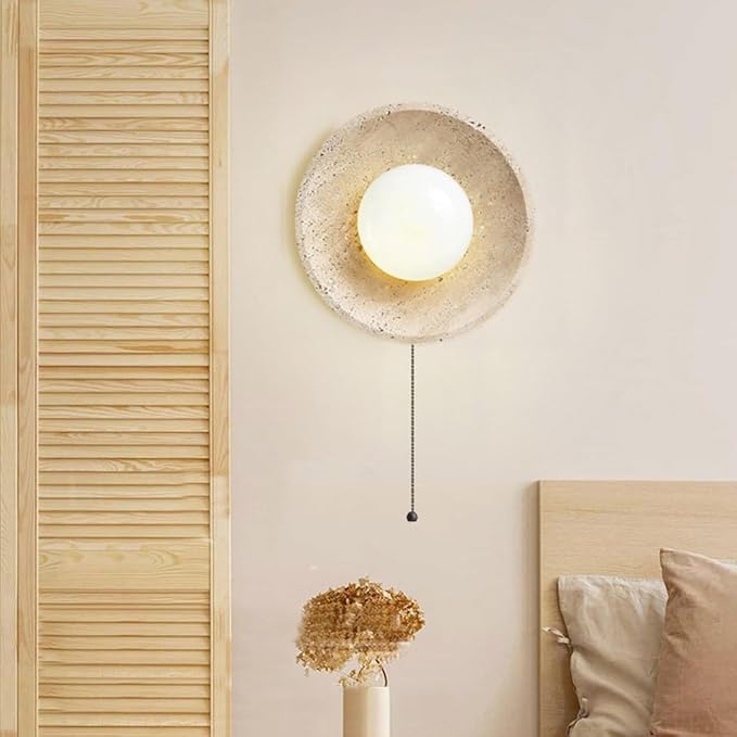 Japanese Wabi-Sabi Style Marble Wall Sconce, Retro Round Wall Light Yellow Travertine Indoor Wall Lamp, Natural Stone Wall Mounted Lamps with Pull Switch for Bedroom Living Room