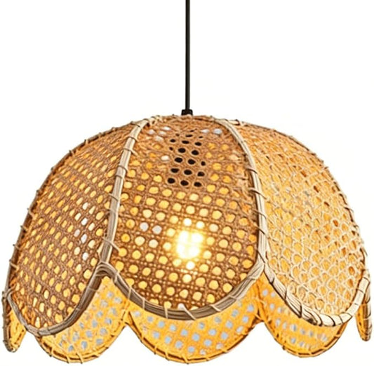 Japanese Wabi-Sabi Bamboo Wicker Rattan Pendant Light, Flower Shape Chandelier, Straw Woven Hanging Lamp,Single-lamp Holder Willow Lighting Fixture for Restaurant Kitchen Island Living Room