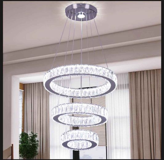 Finktonglan 3-Ring Round Crystal LED Chandelier, 52W 6500K Cool White | 15.6-Inch K9 Crystal Rings, Adjustable Height and Shape, Non-Dimmable Pendant for Dining Room, Living Room and Foyer