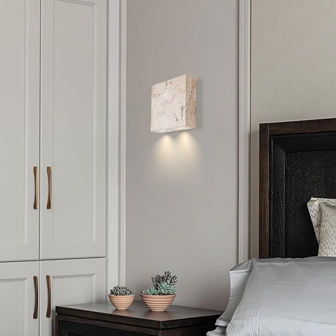 Square Natural Stone Wall Lamp, Nordic Modern Marble Wall Sconce, Japanese Style Wabi-Sabi Art Lighting Fixture, Yellow Travertine Wall Light for Bedroom Living Room Hallway Entryway Stairs