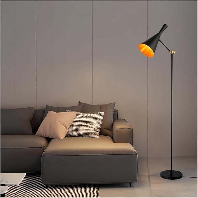 Modern Industrial Floor Lamp For Bedroom, 64'' Adjustable Gold Inner Shade Tall Floor Lamp For Office, Living Room, Skinny Corner Accent Reading Standing Lamp, Retro Farmhouse Mid-Century, Black
