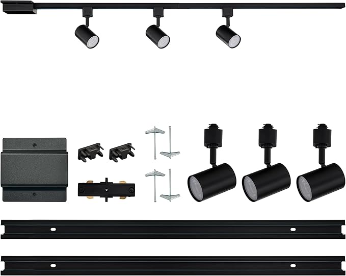 Amped Collection 3-Light 48in Field Cuttable LED Track Lighting Kit with 3 LED 5-CCT Selectable Track Heads, 4ft Track, End Caps, Floating Feed in Black Finish - Aura Lighting