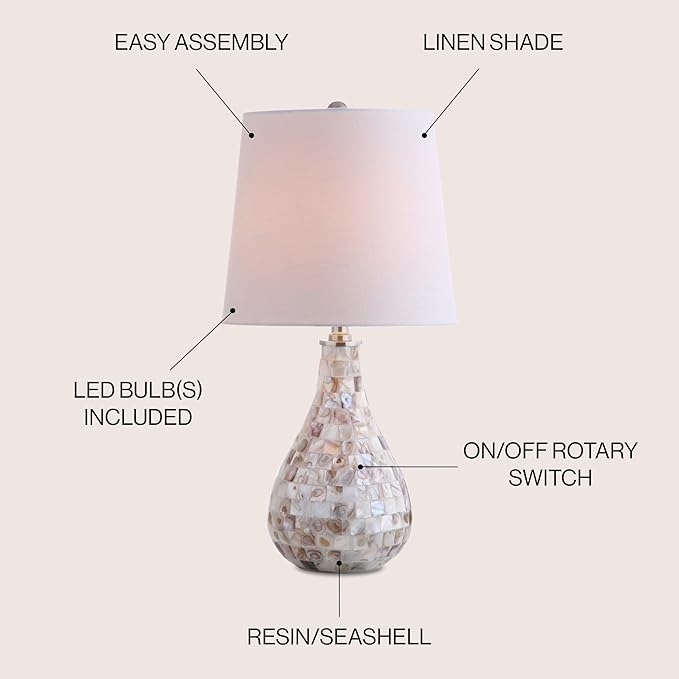 JONATHAN Y JYL1024A 20.5" Coastal Seashell Mosaic Table Lamp for Living Room, Bedroom, Bedside Nightstand Lamp with White Linen Drum Shade, Cottage Beach House Accent Lamp, LED Bulb Included