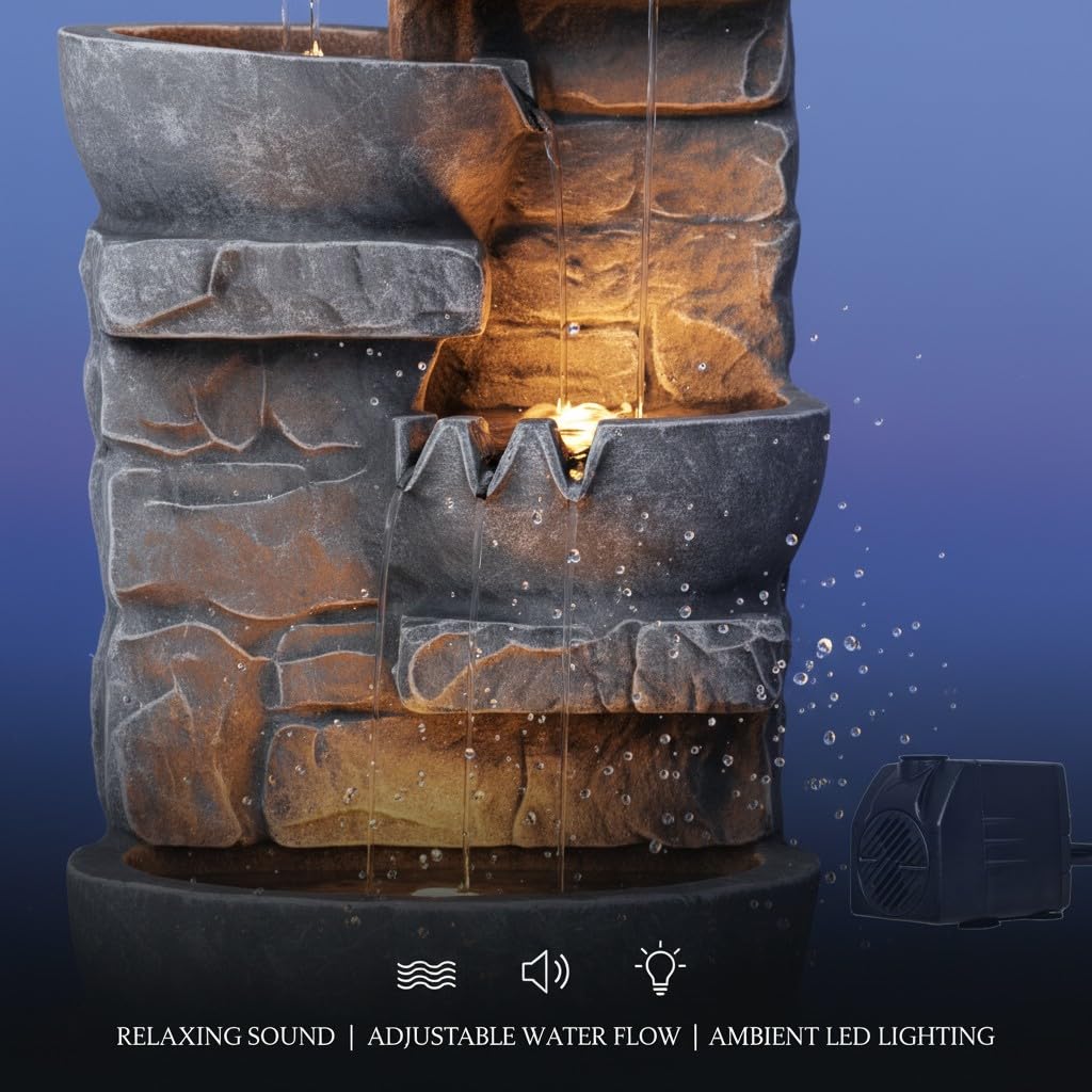33.25 in. Cascading Bowls and Stacked Stones LED Outdoor Water Fountain for Gardens