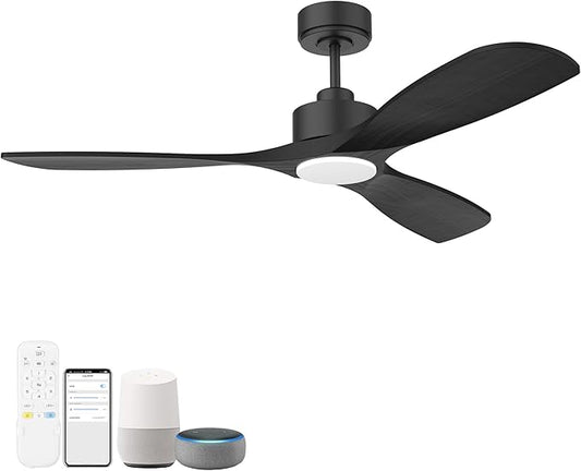 52” Wood Smart Ceiling Fans with Lights Remote,Quiet DC Motor,Outdoor Indoor Ceiling Fan,Voice Control via WIFI Alexa App,Dimmable,Modern Black Ceiling Fan for Bedroom Patio Porch - Aura Lighting