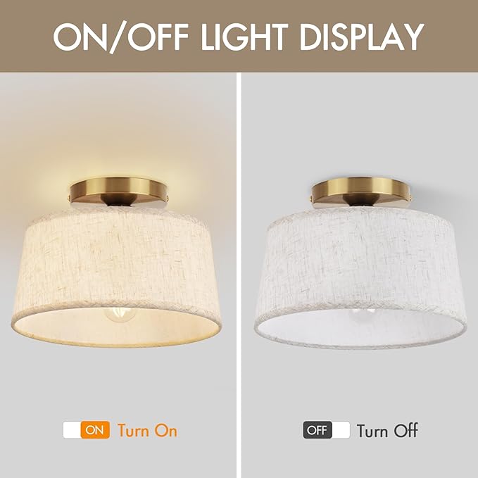 2P Modern Ceiling Light Fixture, 10 Inch Semi Flush Mount Lamp with Linen Shade, E26 Base, Gold for Kitchen Bedroom Hallway Closet Entryway Room Small Spaces, 2 Pack - Aura Lighting