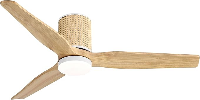 52" Ceiling Fan with Light - Low Profile Flush Mount Ceiling Fan, 6-Speed Remote Control, Solid Wood, Quiet Reversible DC Motor, Wood/White Finish, for Bedroom, Living Room, Porch - Aura Lighting