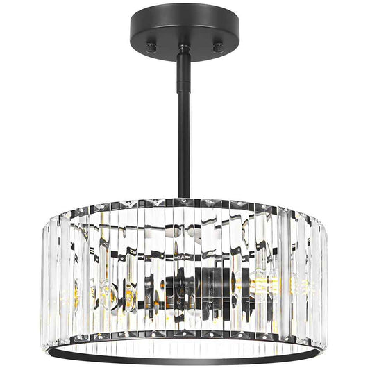 Black 3 Light Crystal Chandelier, Modern Dining Room Light Fixture over Table, Round Kitchen Lighting Fixture, Farmhouse Semi Flush Mount Ceiling Pendant Light for Living Room Bedroom Hallway Entryway