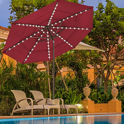 USA 10-Year-Non-Fading 9ft 3-Tier Market Patio Umbrella, Commercial Table Umbrella with 80 Solar LED Lights, Crank Open, Windproof & UPF 50+ UV Protection for Garden, Deck, Pool, Backyard, Burgundy
