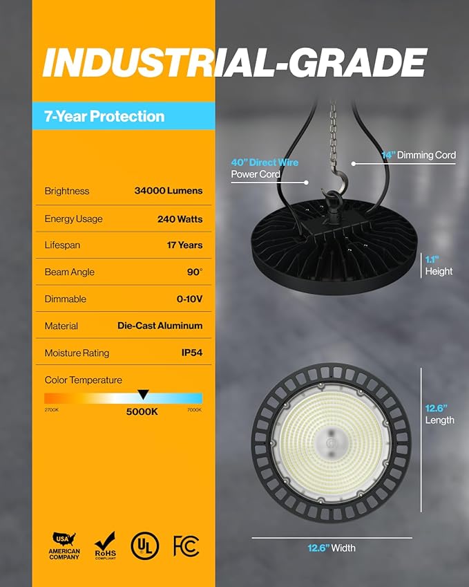 Sunco UFO LED High Bay Light, 240W, 34800 Lumens, 5000K 100-277V Dimmable 0-10V, Ultra Bright Commercial Shop Lights for Warehouse, Factory, Workshop, Garage & Barn, Ceiling Mount, UL 2 Pack