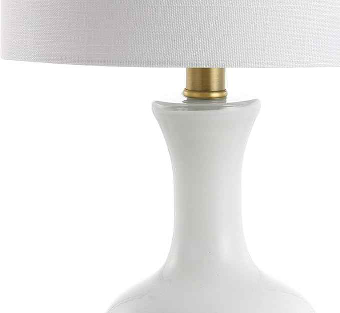 JONATHAN Y 22" White Modern Glass Table Lamp Set of 2, Brass Gold Bedside Lamp with White Linen Shade for Bedroom Living Room, LED Bulbs Included JYL4033A-SET2
