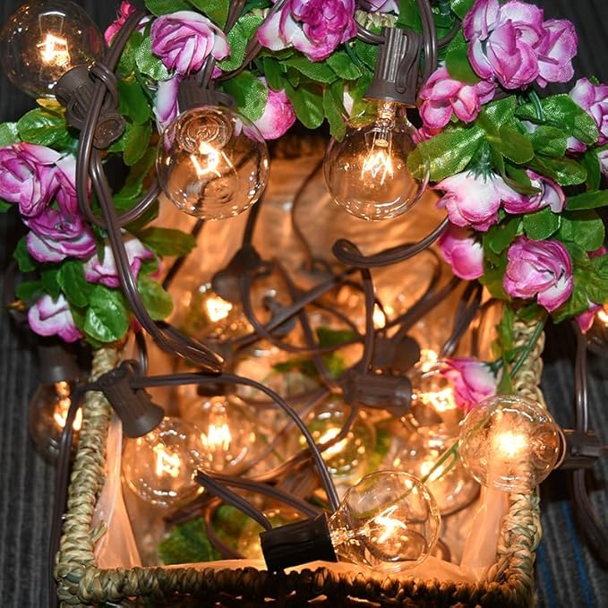SUNSGNE 25Ft Globe String Lights with 27 Clear G40 Bulbs, Natural Warm Bulb Hanging Umbrella Lights for Backyard Patio Garden Party Cafe Indoor Outdoor Decor-Brown