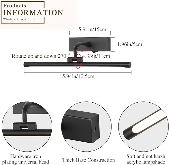 Wireless Picture Light for Wall Battery Operated Rechargeable Art Lights Dimmable Painting Lights Black Gallery Light with Remote Wall Lights for Display, Artwork, Portrait (15.94Inch)
