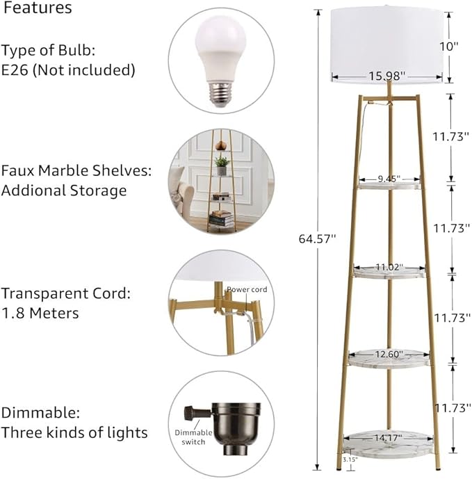 ROSEN GARDEN Floor Lamp, Standing Reading Light with Shelves and Fabric Shade, Modern Tall Pole Lamp, Accent Furniture Décor Lighting for Living Room, Bedrooms (Gold, 4-Tier)