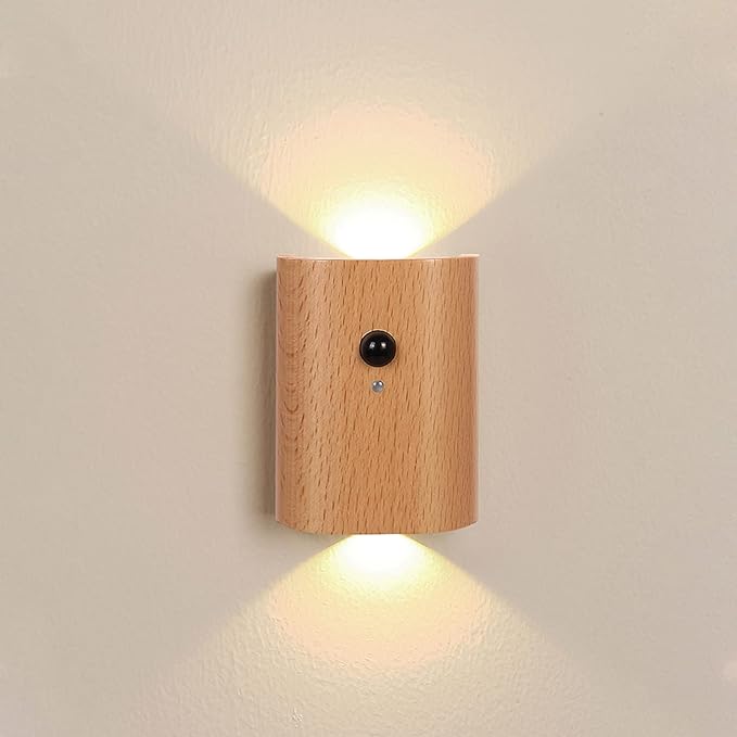 LANDGOO White Ash Wood Night Light Step Light - Smart Motion Sensor Stair Lighting, Rechargeable 2700K LED for Bedroom Hallway Safety, Easy Install (1 Pack)