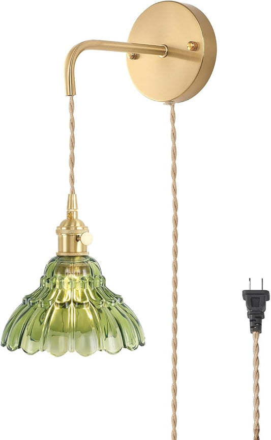 Vintage Wall Sconce with Green Lily of The Valley Glass Shade Hanging Wall Sconce with 4.9FT Plug in Cord, Modern Wall Lamp Fixtures Decor for Bedside Bedroom Indoor Doorway - Aura Lighting