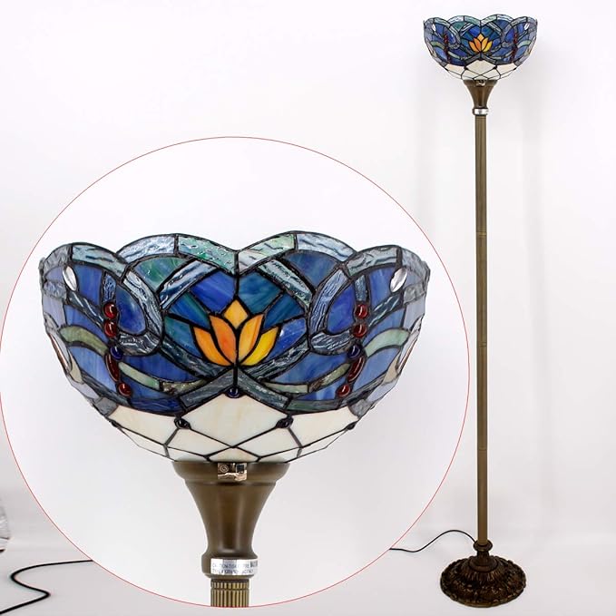 WERFACTORY Tiffany Floor Lamp Blue Lotus Flower Stained Glass Light 12X12X71 Inches Pole Torchiere Standing Corner Torch Uplight Decor Bedroom Living Room Home Office S220 Series