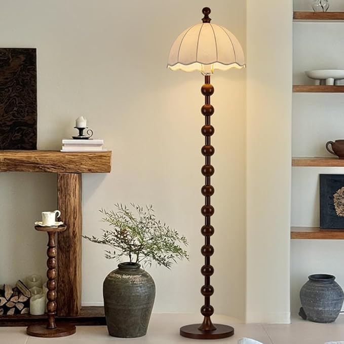 Wabi-sabi Wooden Floor Lamp 64.2" Linen Floor Light Walnut Globe Body Tall Lamp with E26 Dimmable Drum-Shaped Fabric Standing Light for Living Room Meeting Room Study Bedroom